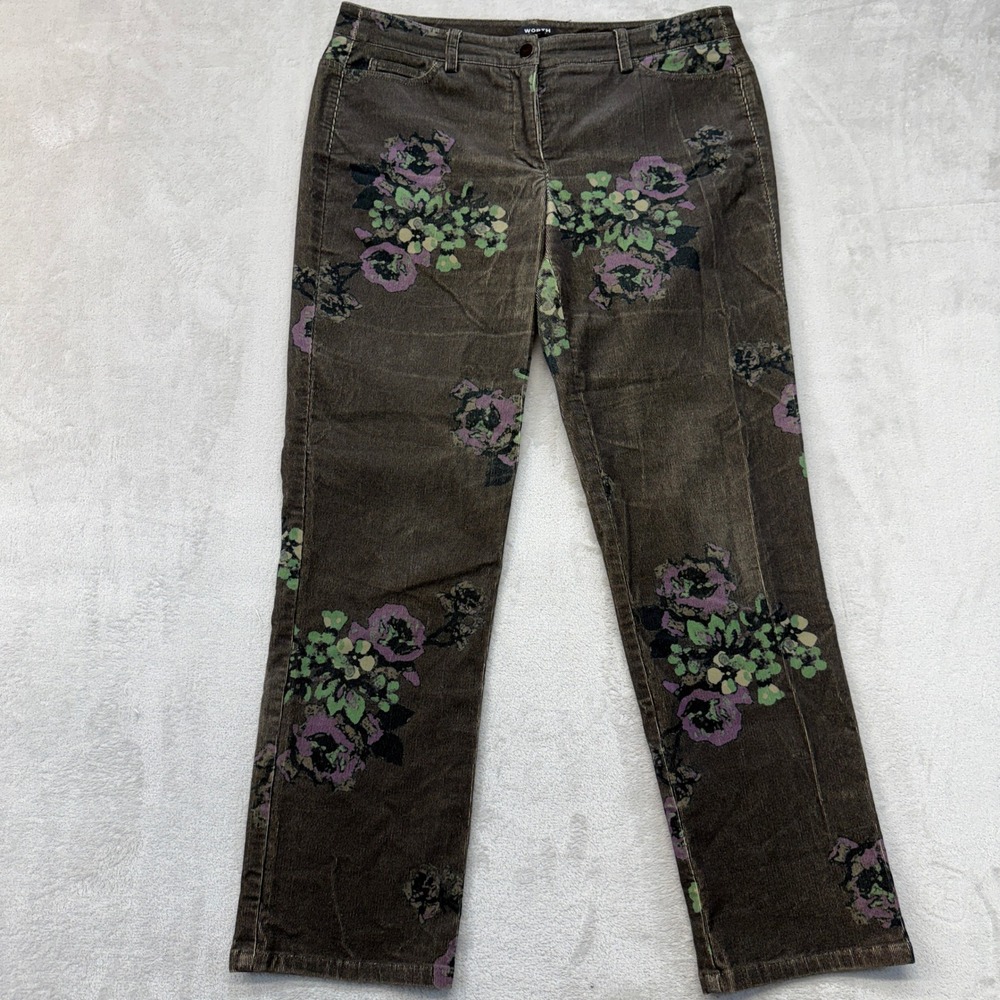 Worth New York Pants Womens 8 Corduroy Brown Floral Straight Leg Stretch Trouser
